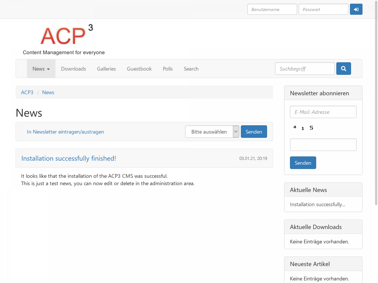 Startseite nach frischer Installation des ACP3 CMS.