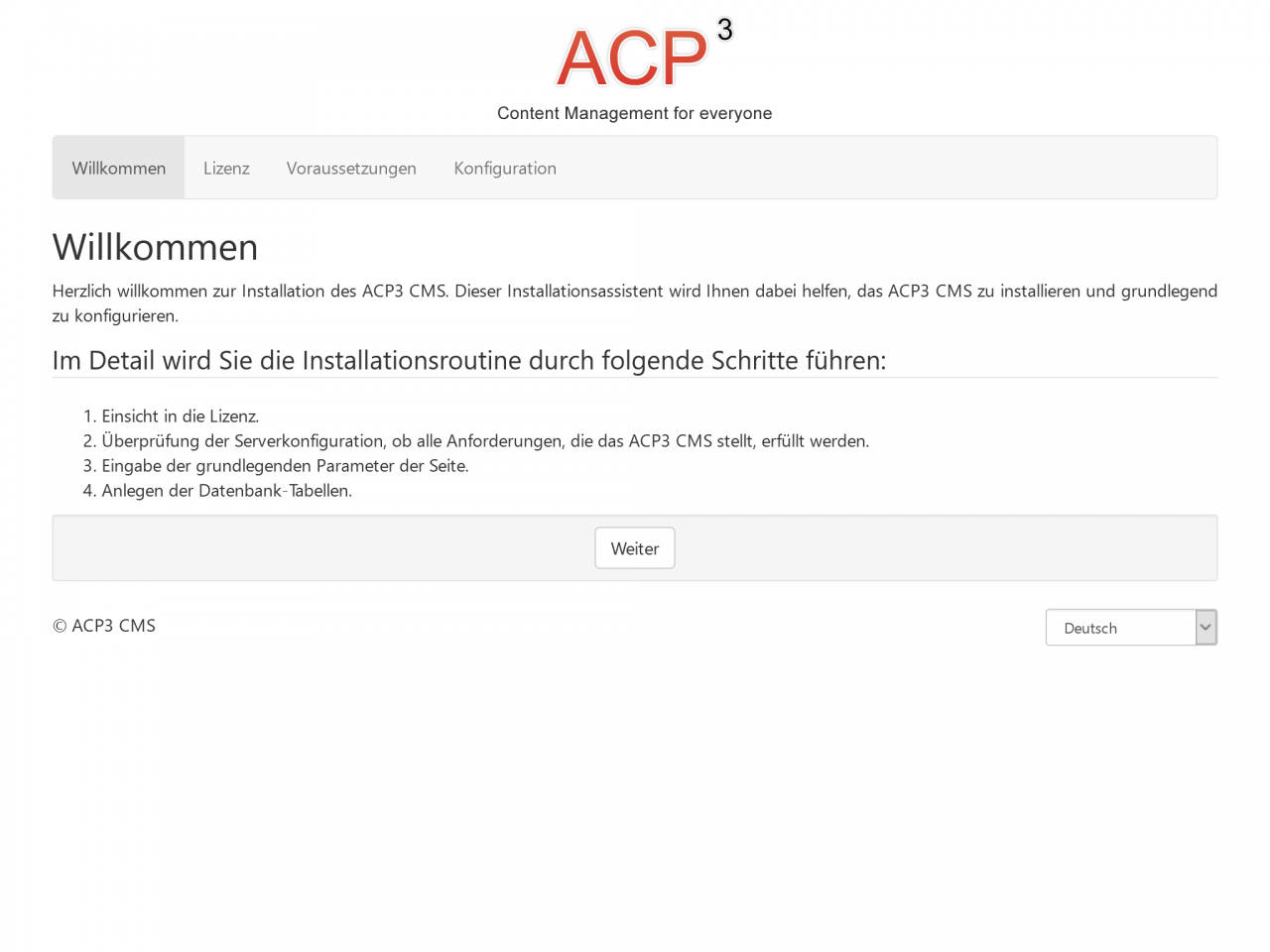 Willkommensseite des Installationsassistenten